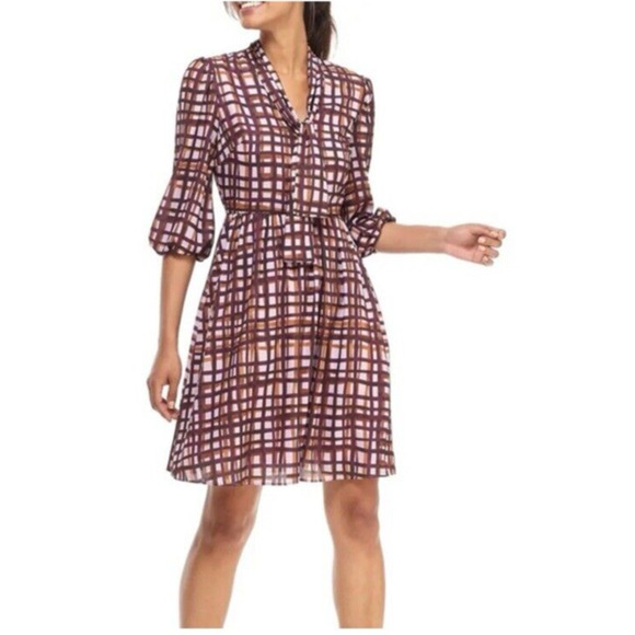 NEW Gal Meets Glam Lindsey 3/4 Slv Dress Sze 2 Windowpane Multi Tie Neck Pockets - Picture 1 of 13